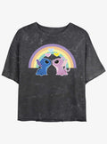 island alien duo Angel cute blue alien Love Under The Rainbow Mineral Wash Girls Crop T-Shirt