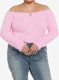 Pink Fuzzy Zipper Off-The-Shoulder Girls Crop Sweater Plus Size
