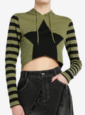 Social Collision Black & Green Stripe Star Girls Crop Hoodie