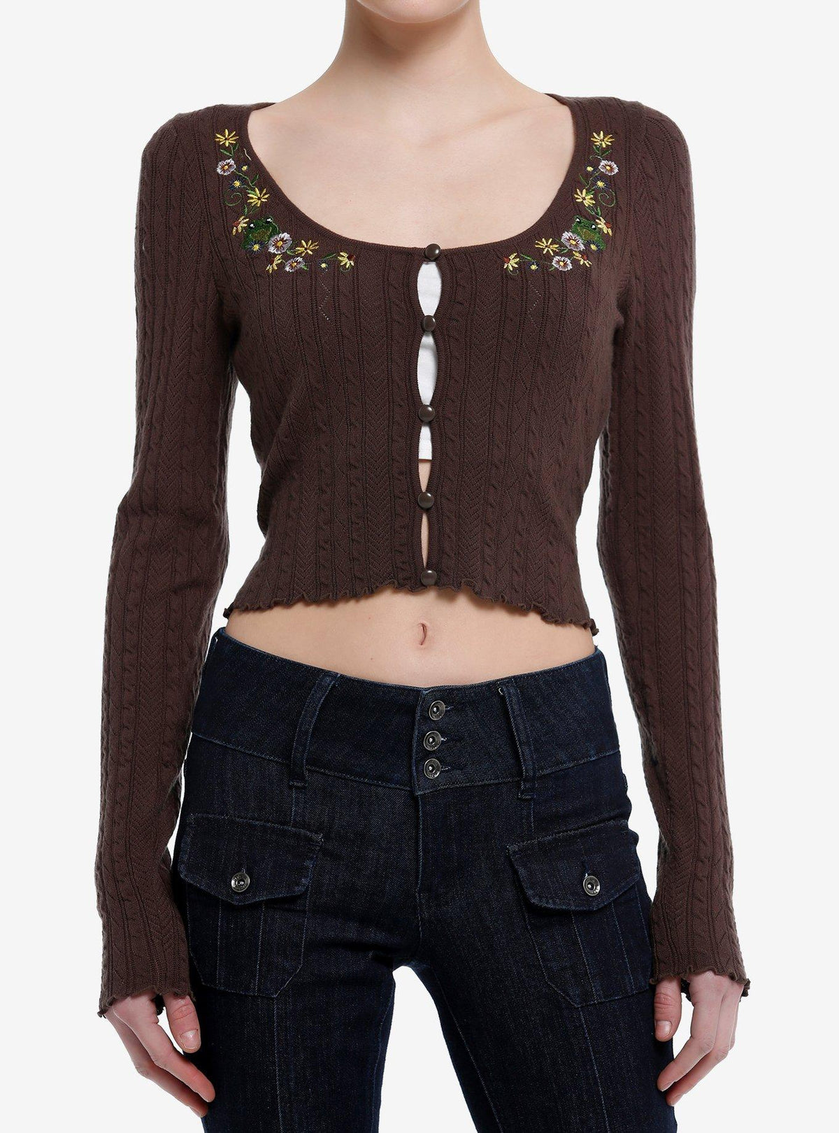 Thorn & Fable Frog Floral Girls Cable Knit Cardigan