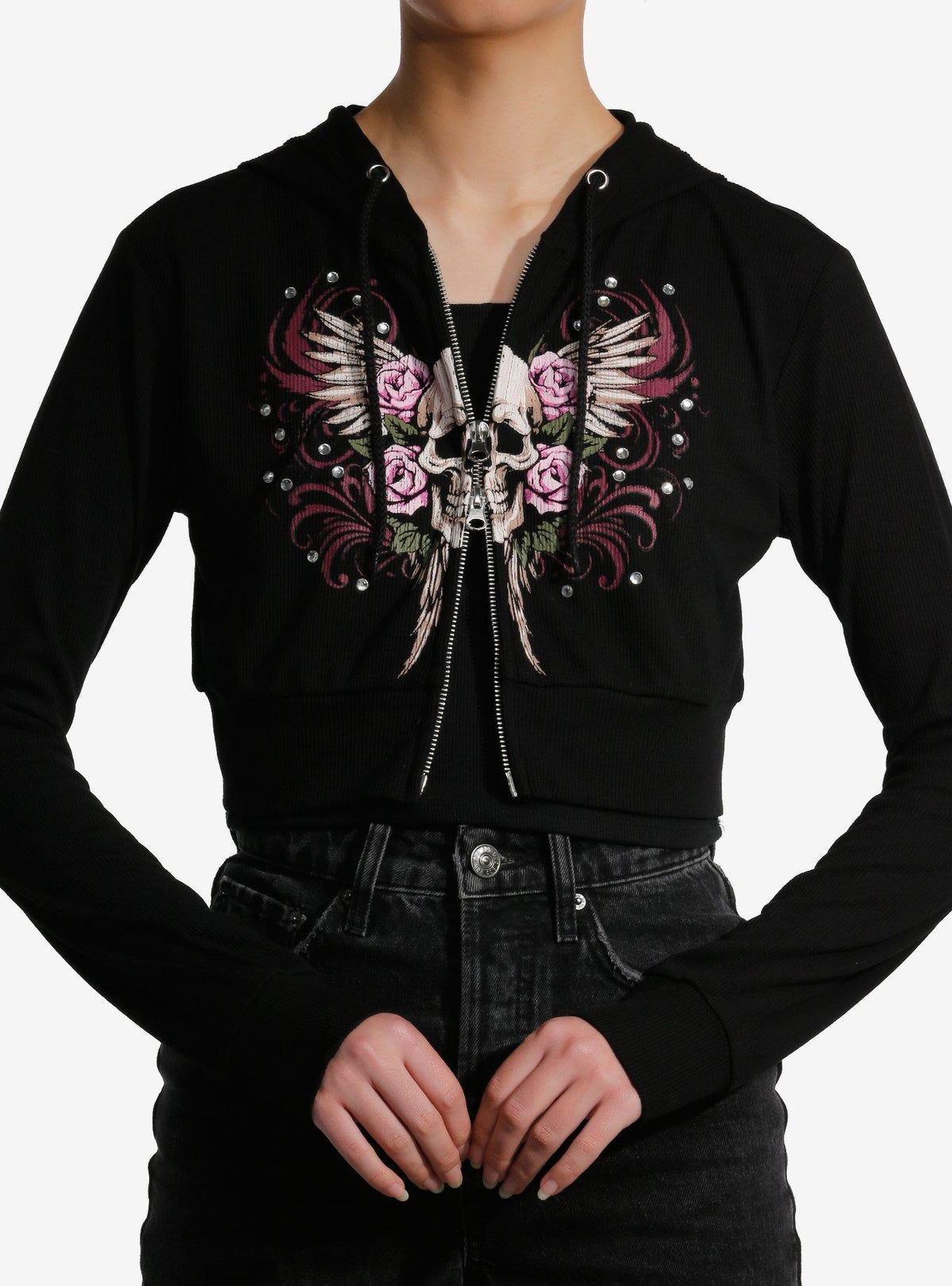 Social Collision Skull & Roses Rhinestone Girls Crop Hoodie