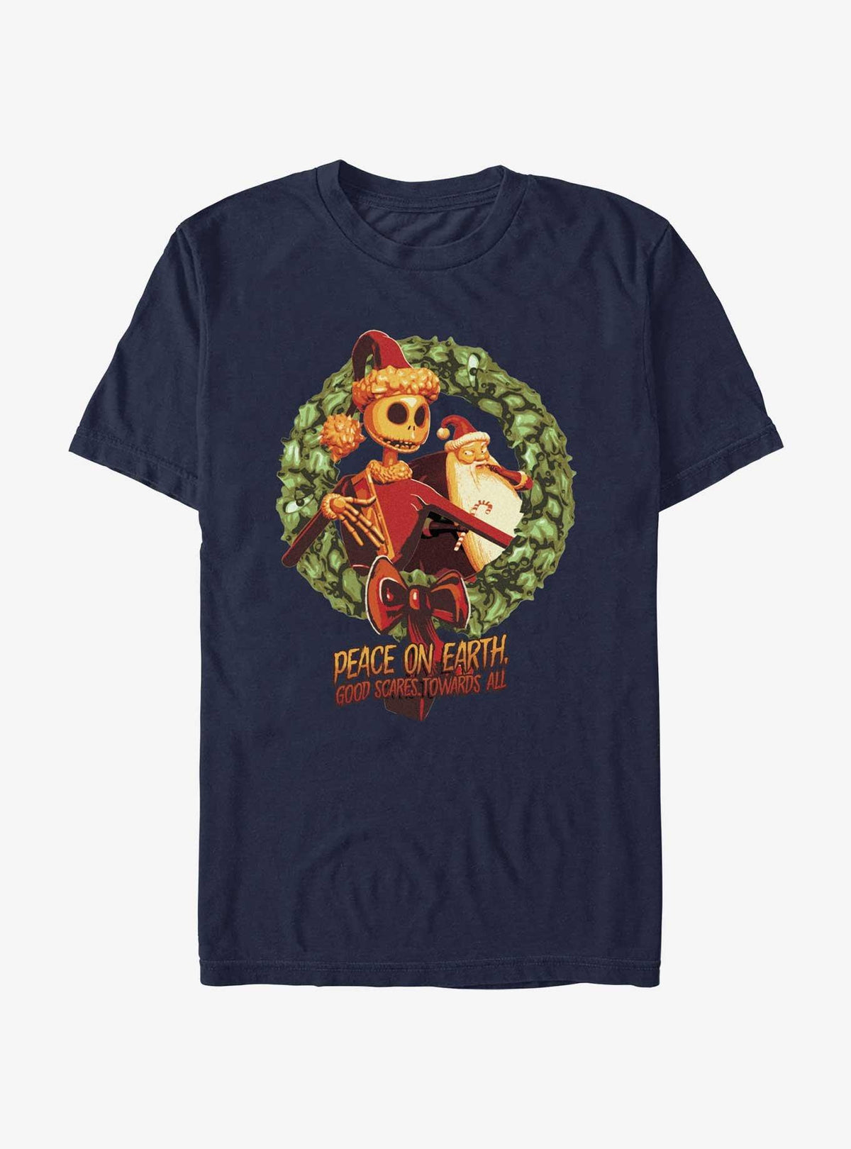 spooky holiday Peace On Earth Jack Santa Wreath T-Shirt