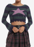 Teal & Navy Stripe Star Crop Girls Sweater