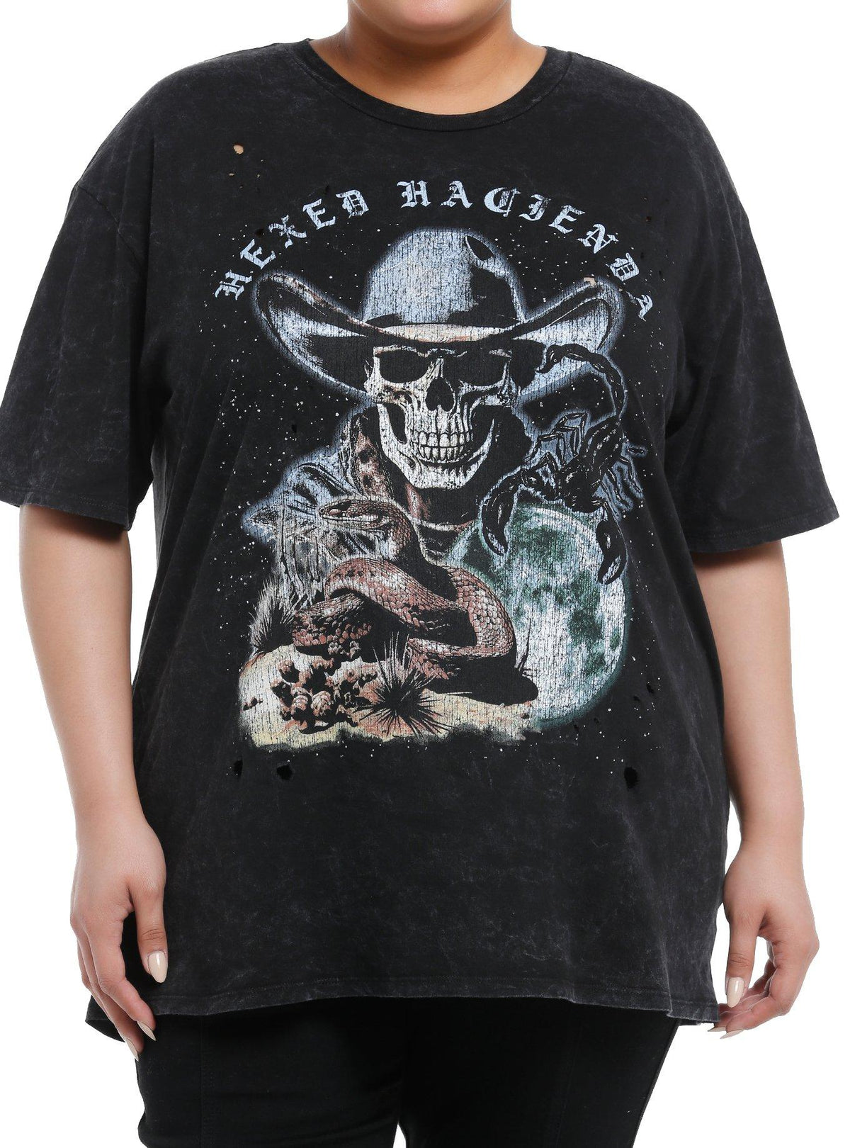 Cosmic Aura Skull Cowboy Destructed Mineral Wash Girls Oversized T-Shirt Plus Size