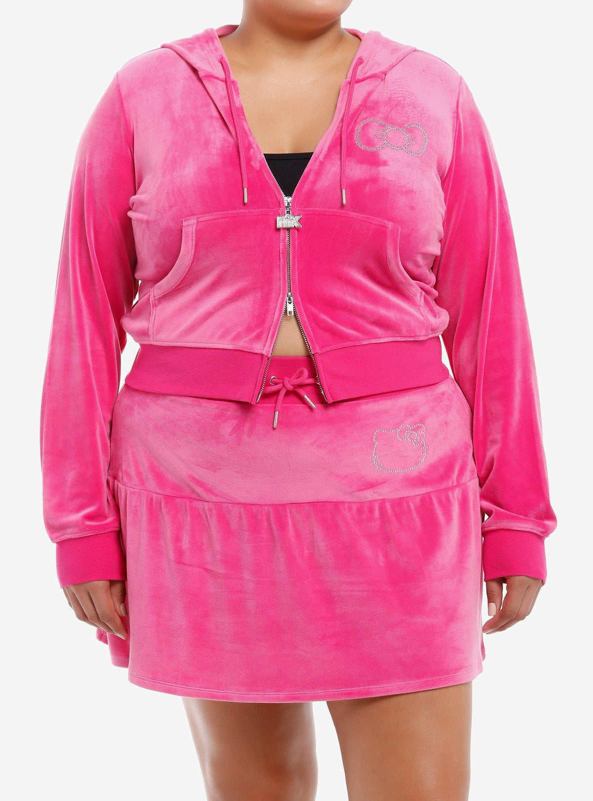 cute kitty Rhinestone Pink Velour Crop Girls Hoodie Plus Size