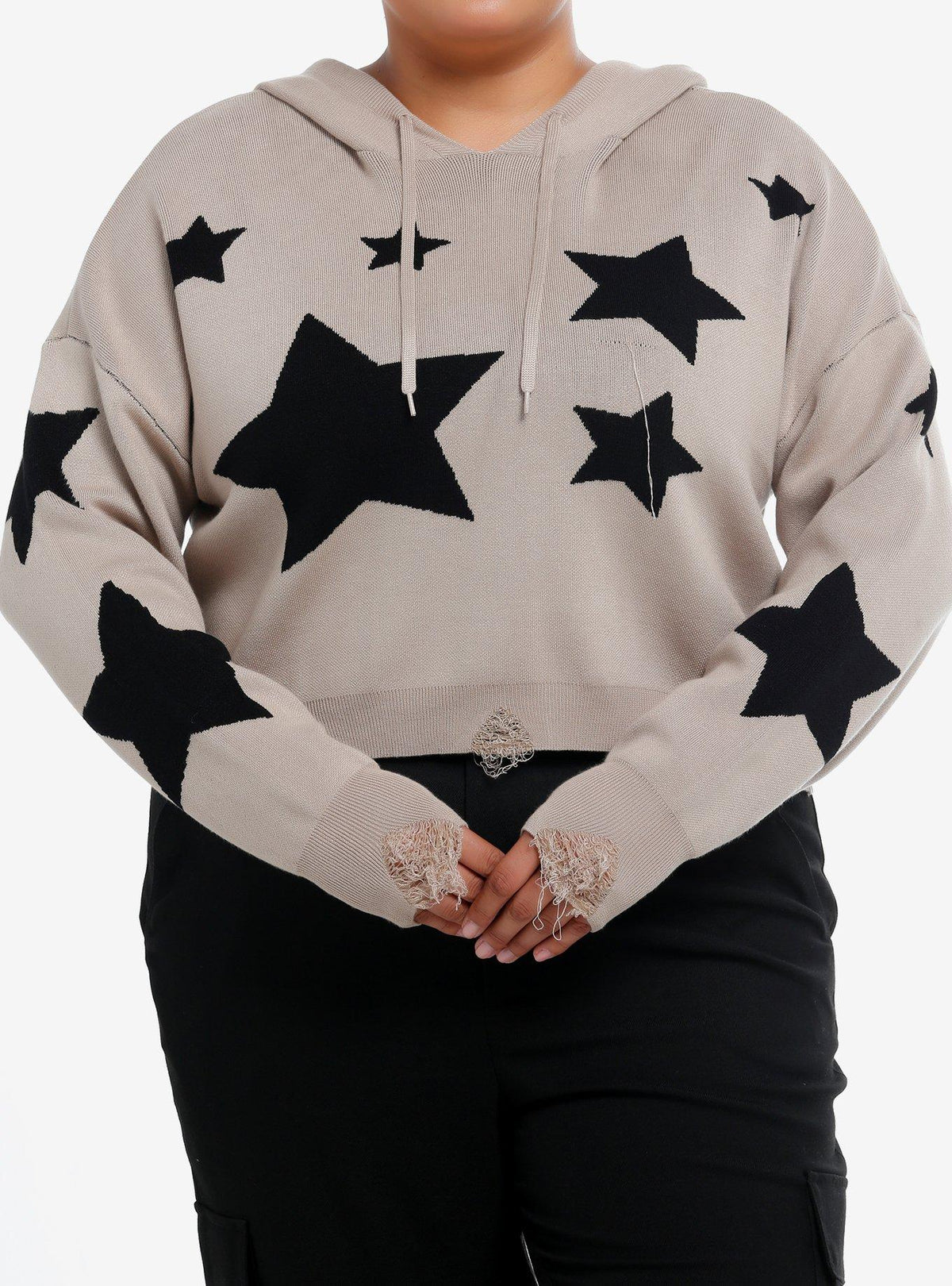 Social Collision Black Star Destructed Girls Crop Hoodie Plus Size