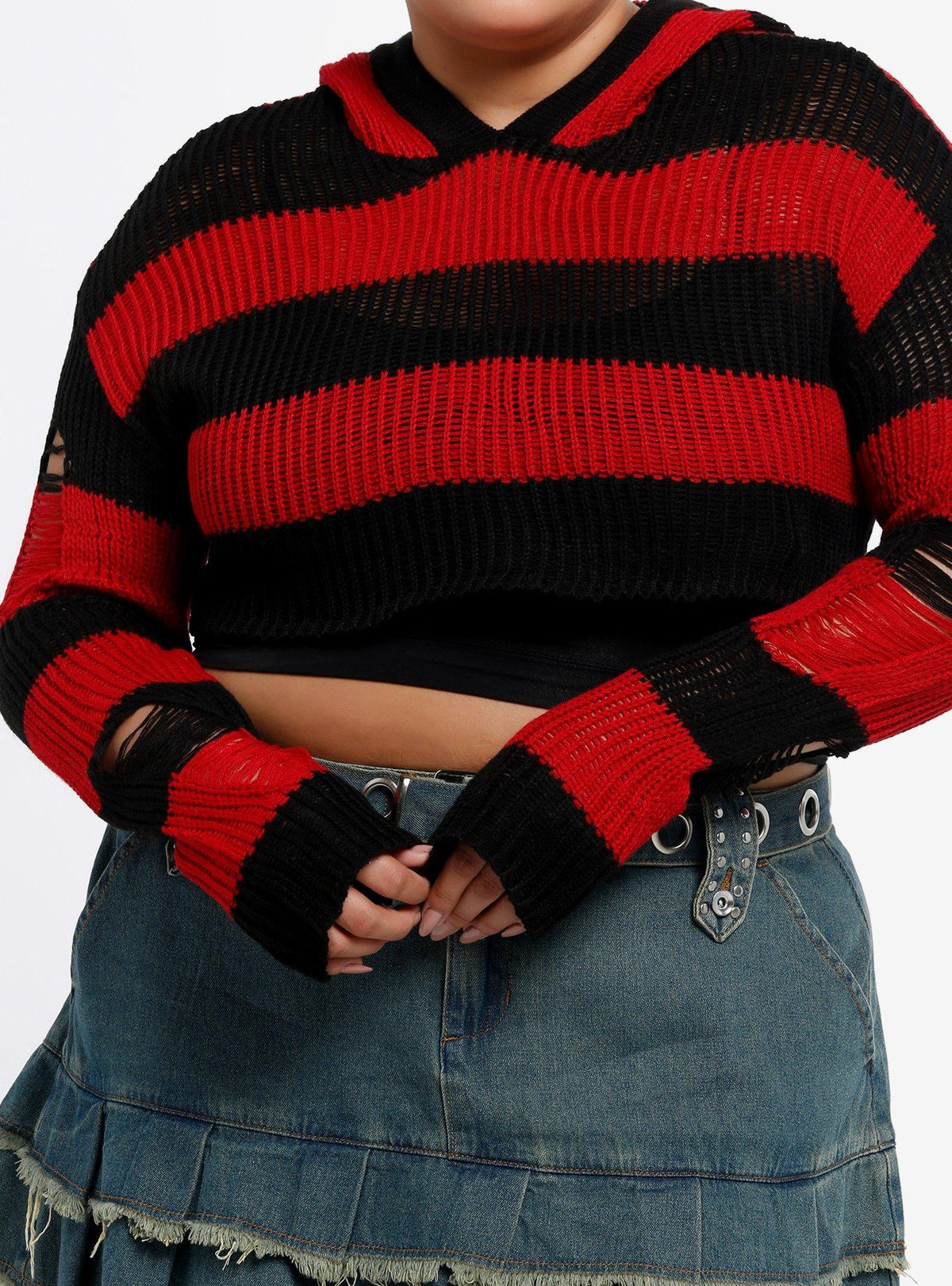 Social Collision Red & Black Stripe Knit Bolero Girls Crop Hoodie Plus Size