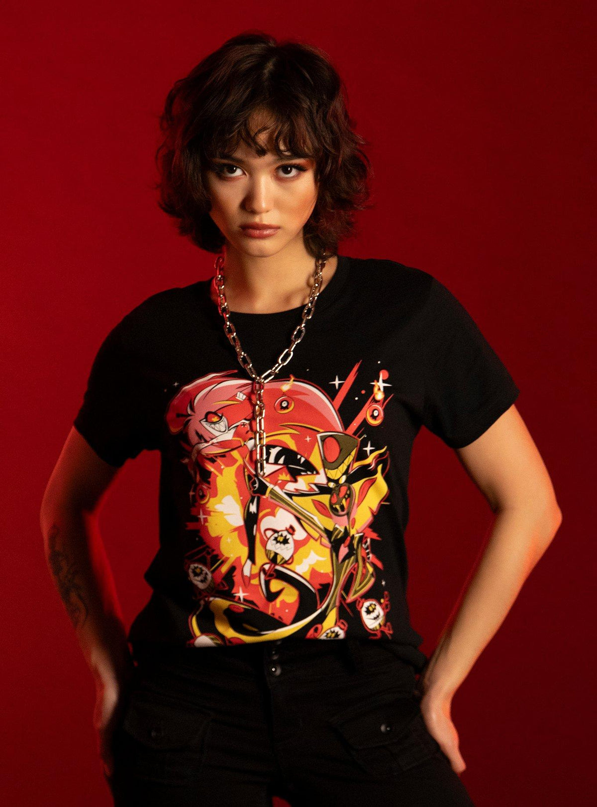Hazbin Hotel Cherri Bomb Sir Pentious Boyfriend Fit Girls T-Shirt
