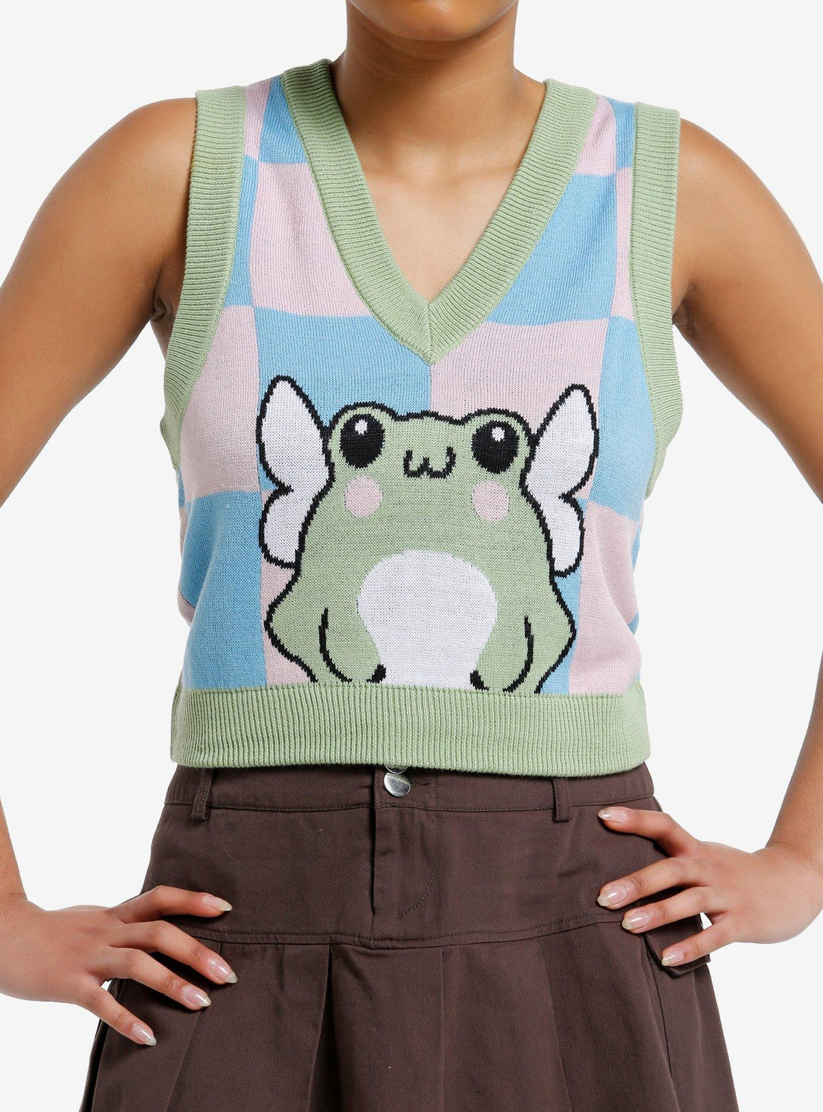 Sweet Society Chibi Winged Frog Checkered Girls Knit Vest