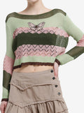 Thorn & Fable Butterfly Green & Pink Stripe Girls Crop Sweater