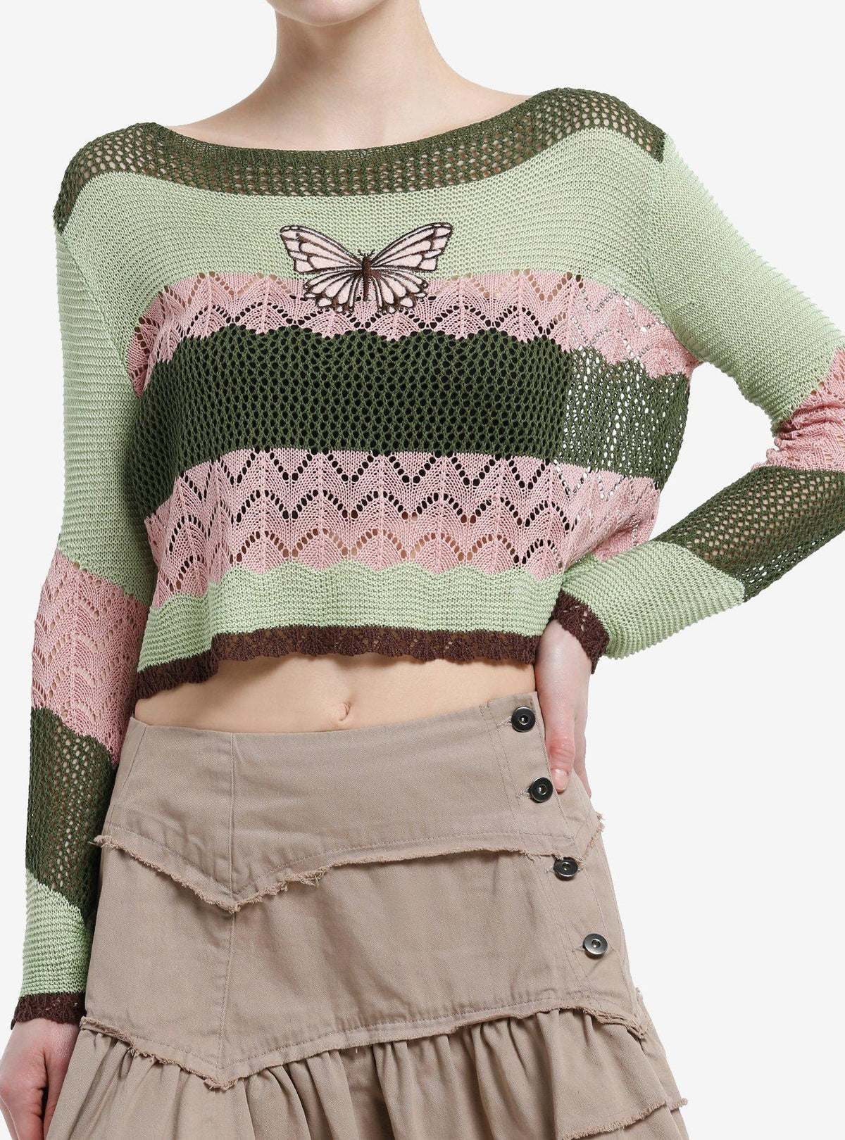 Thorn & Fable Butterfly Green & Pink Stripe Girls Crop Sweater