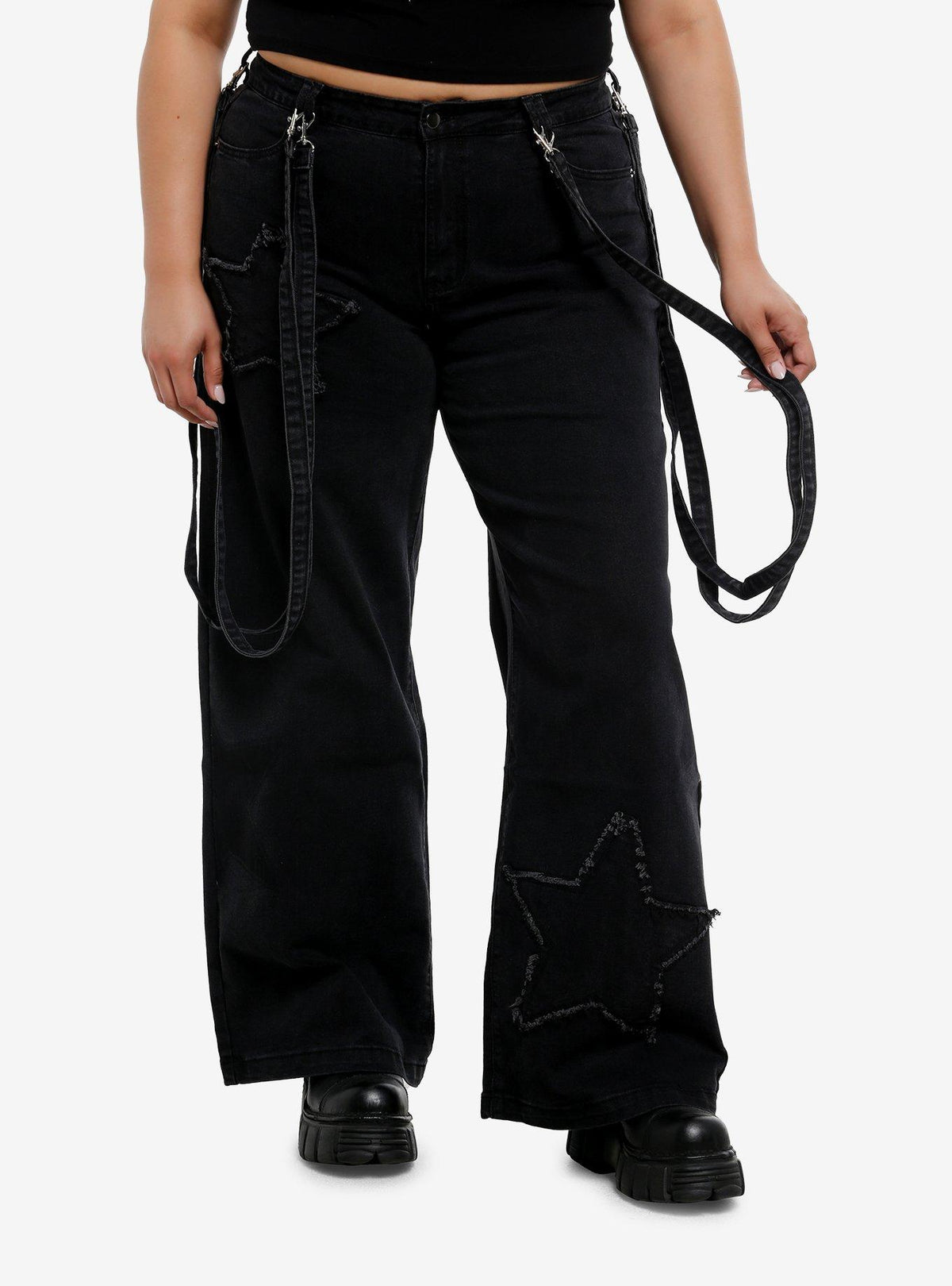 Black Star Patch Suspender Girls Wide Leg Jeans Plus Size 5