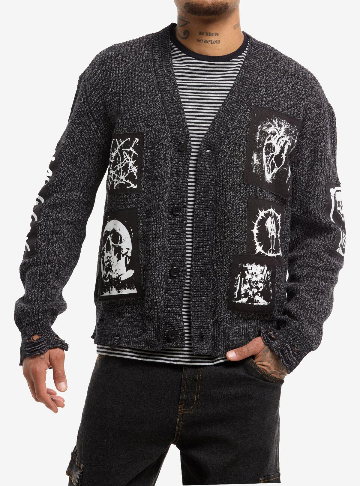 Grey Skull Heart Patch Destructed Cardigan