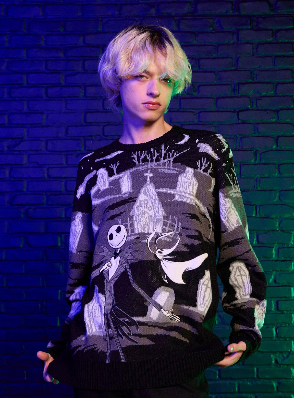 Our Universe spooky holiday Jack & Zero Graveyard Intarsia Sweater