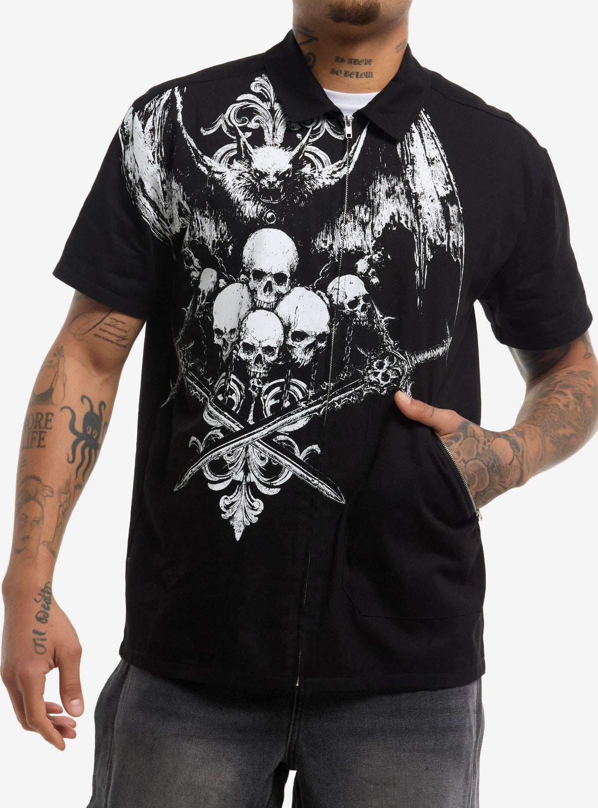 Vampire Bat Skulls Zip Woven Top