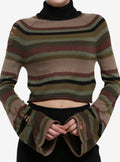 Social Collision Brown Black & Green Stripe Crop Girls Turtleneck Sweater