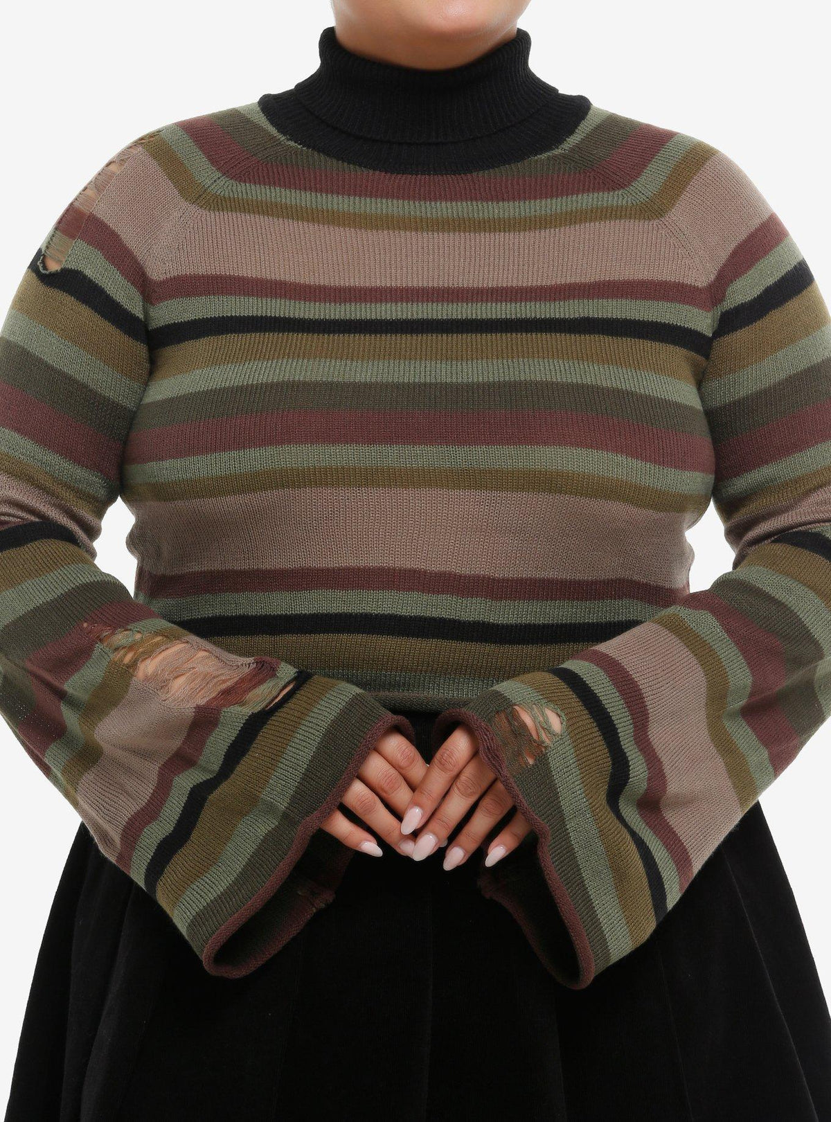 Social Collision Brown Black & Green Stripe Crop Girls Turtleneck Sweater Plus Size
