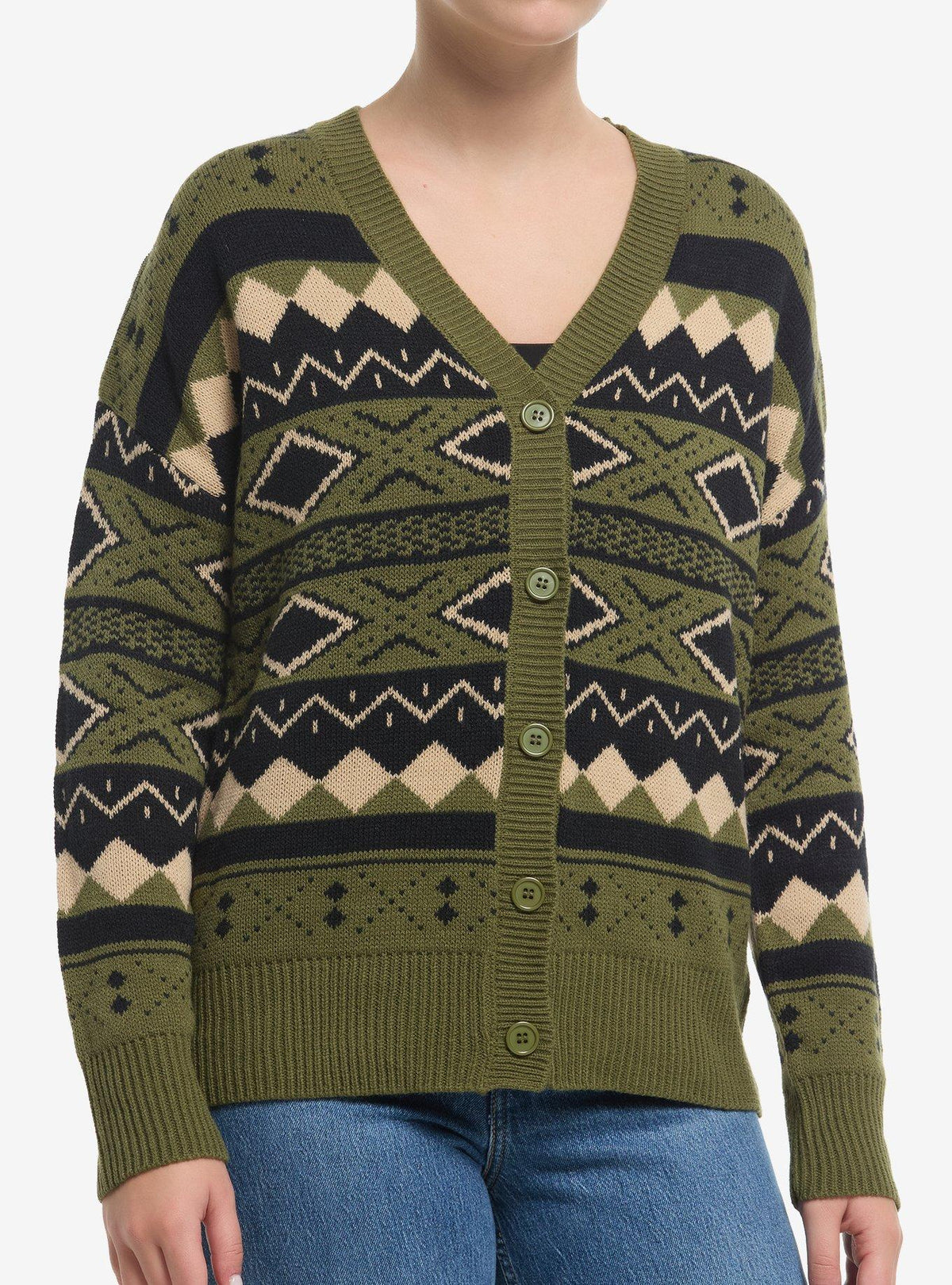 Thorn & Fable Green Black & Cream Geometric Girls Cardigan