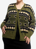 Thorn & Fable Green Black & Cream Geometric Girls Cardigan Plus Size