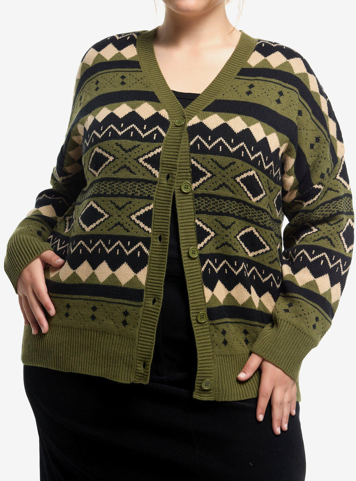 Thorn & Fable Green Black & Cream Geometric Girls Cardigan Plus Size