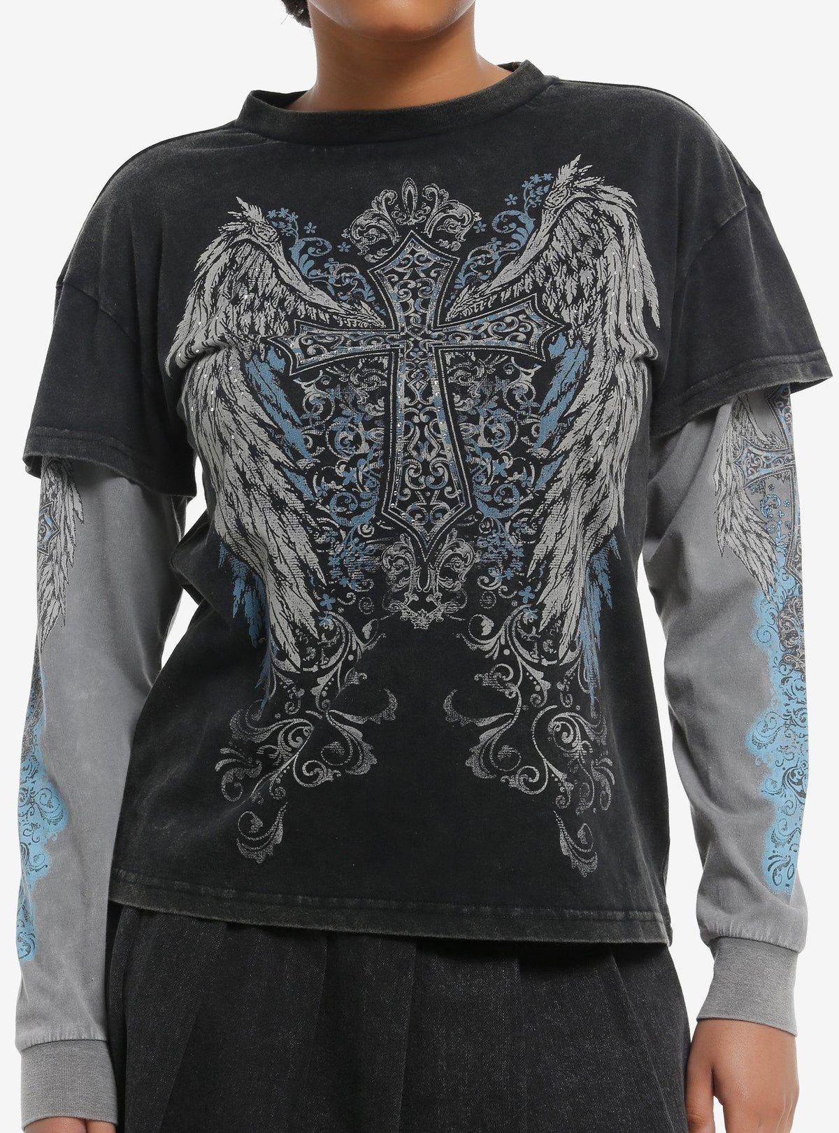 Winged Cross Rhinestone Girls Twofer Long-Sleeve T-Shirt | Premium Unisex T-Shirt, Trending Graphic Tee
