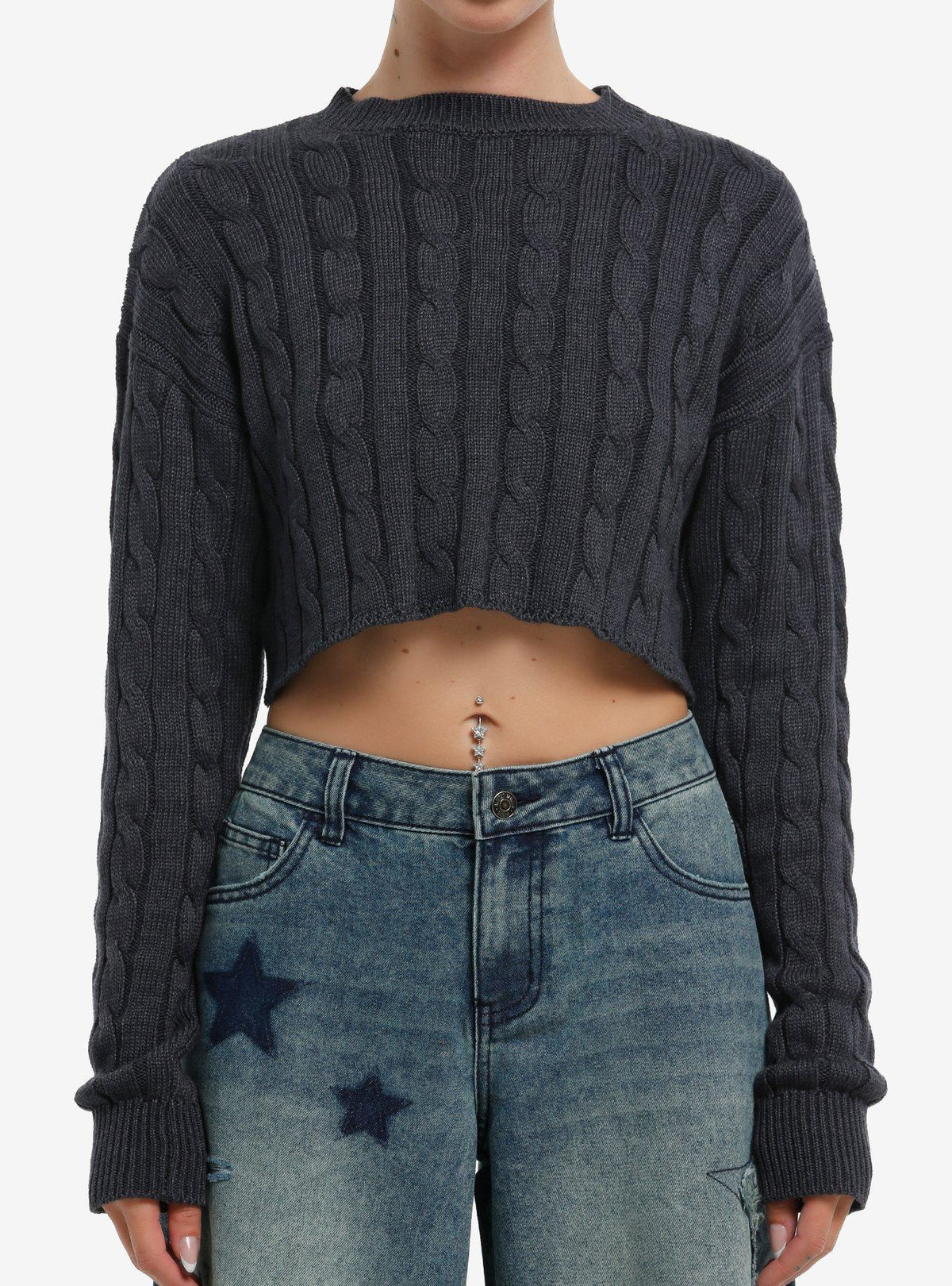 Grey Cable Knit Girls Crop Sweater