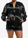 Black Wash Rhinestone Barbed Wire Girls Hoodie