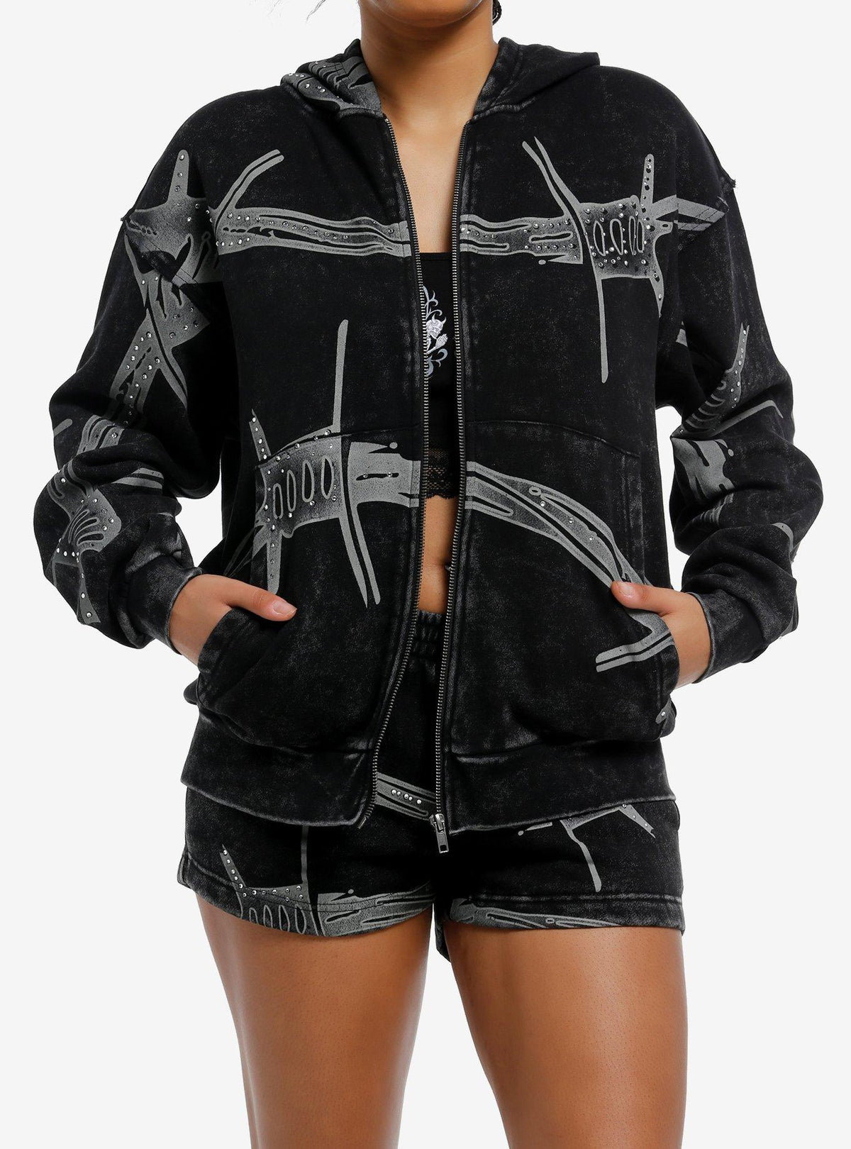 Black Wash Rhinestone Barbed Wire Girls Hoodie