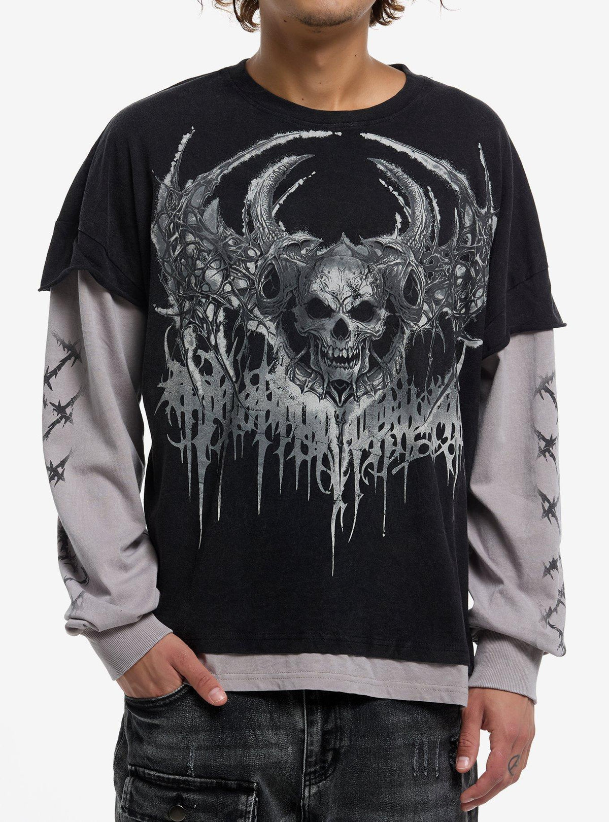 Skulls Horns Twofer Long-Sleeve T-Shirt