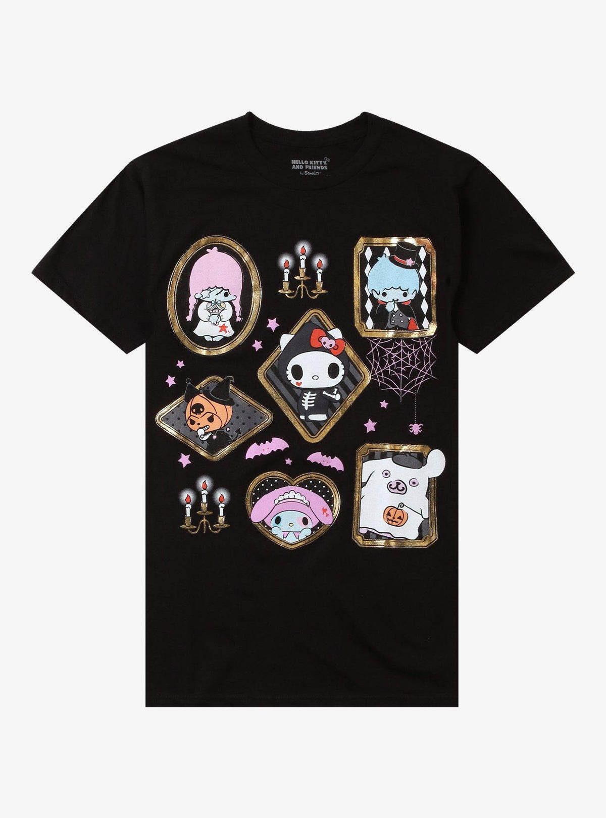 cute kitty And Friends Halloween Portraits Puff Print Girls T-Shirt