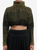 Green Stripe Destructed Girls Crop Sweater