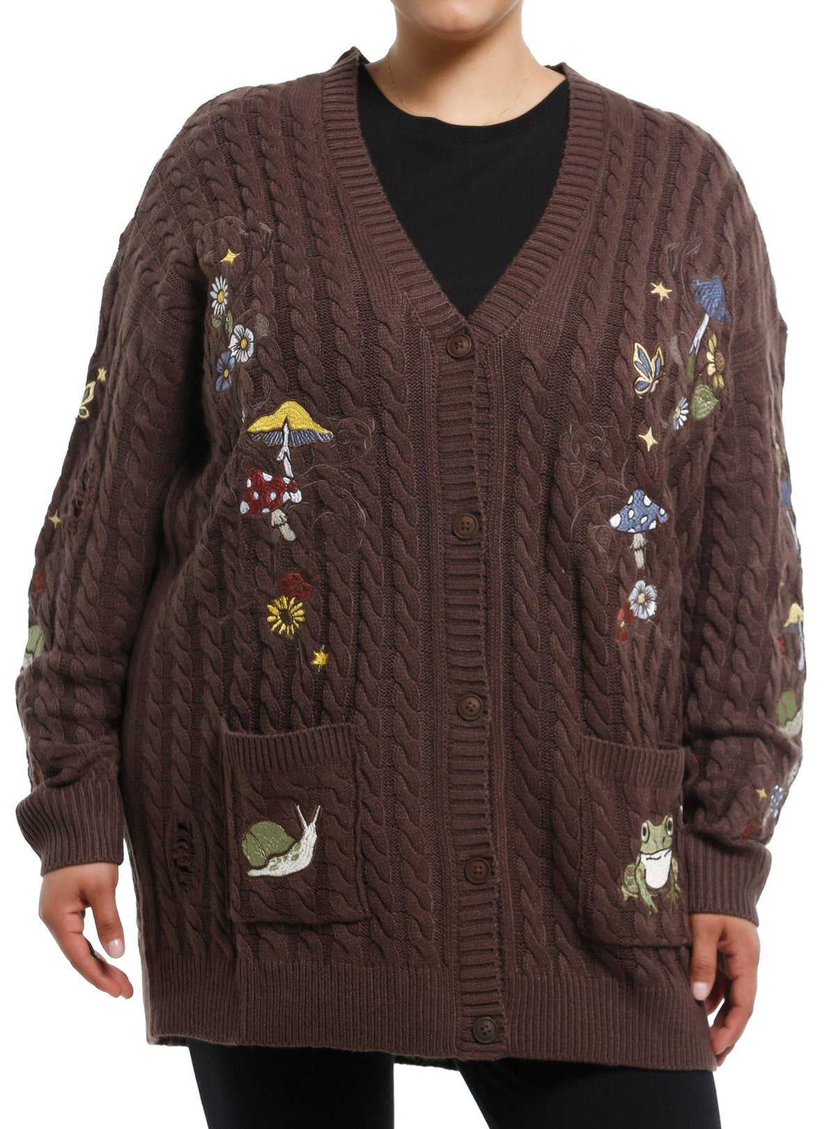 Thorn & Fable Mushroom & Frog Cable Knit Girls Cardigan Plus Size