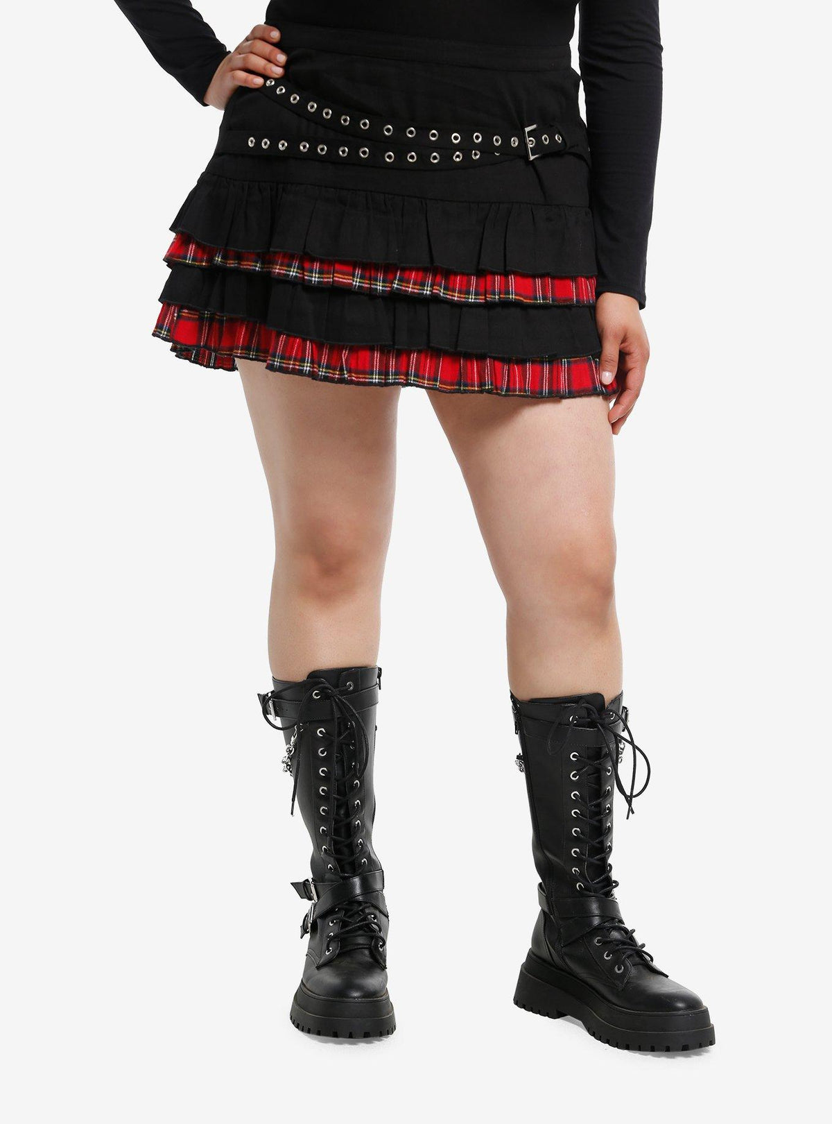 Social Collision Red Plaid Black Grommet Buckle Mini Skirt Plus Size