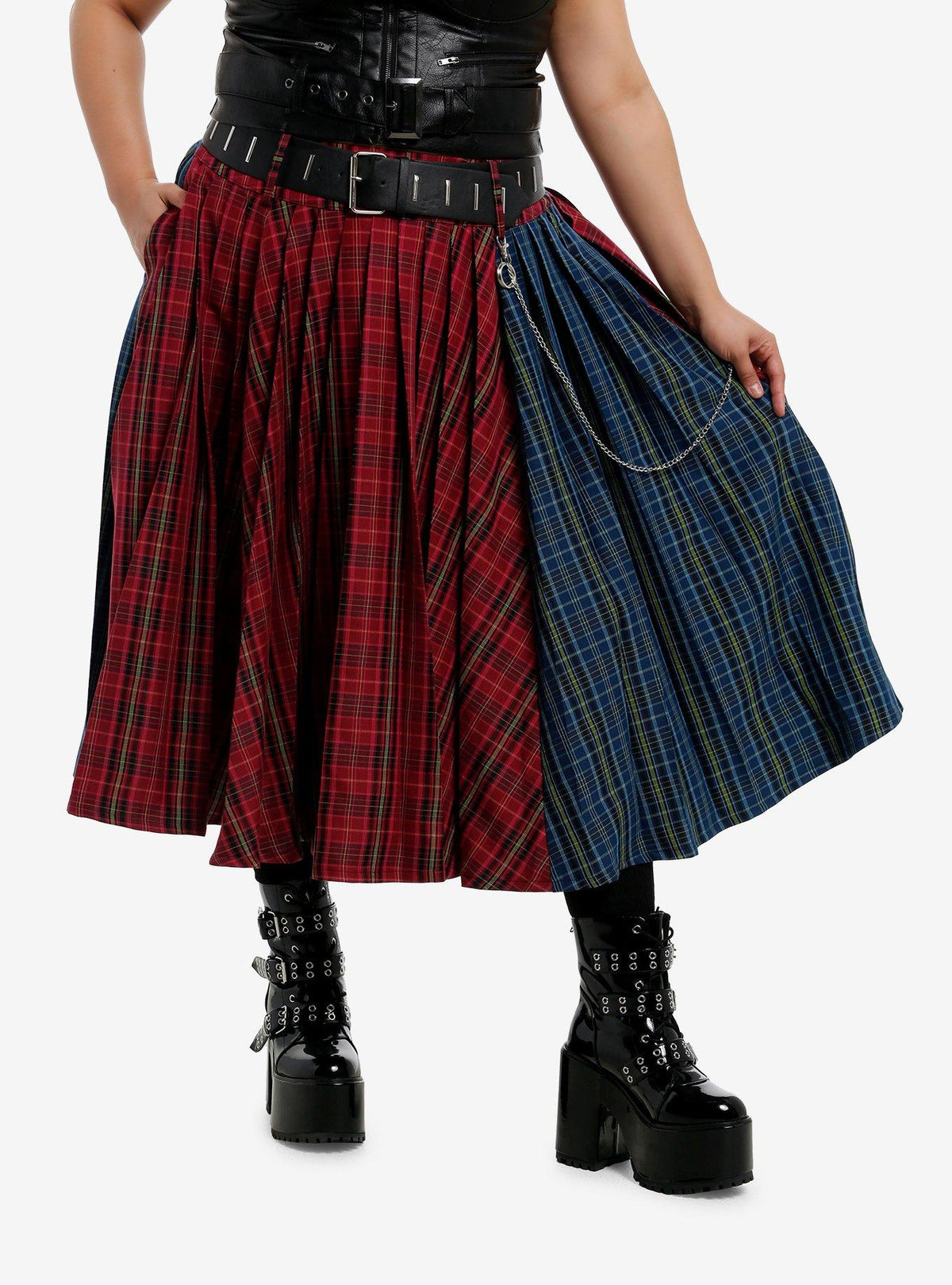 Social Collision Double Plaid Side Chain Midi Skirt Plus Size Apparel Trending US Daily Wear