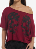 Maroon Black Glitter Skull Girls Off-Shoulder T-Shirt | Premium Unisex T-Shirt, Trending Graphic Tee