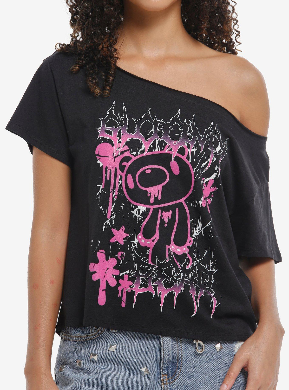 Gloomy Bear Pink Metal Girls Off-Shoulder T-Shirt | Premium Unisex T-Shirt, Trending Graphic Tee