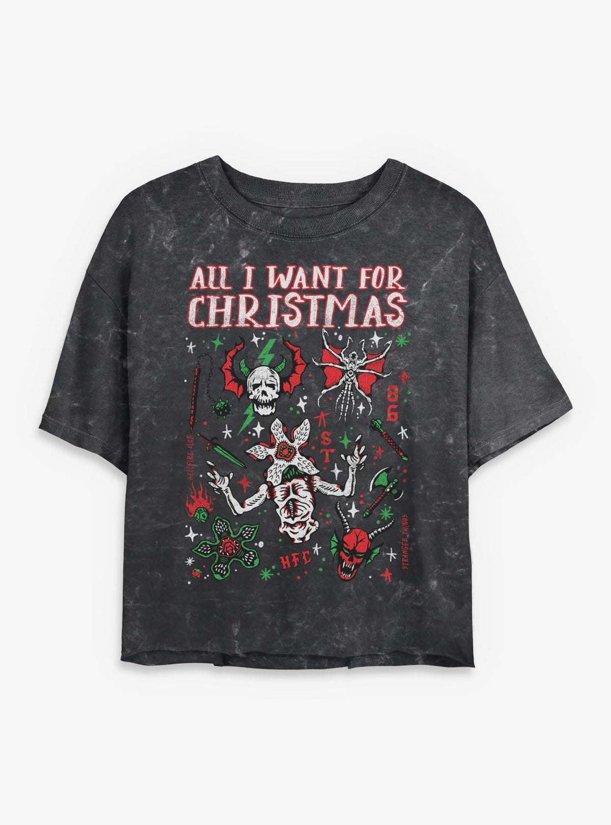 Stranger Things Christmas Flash Sheet Girls Mineral Wash Crop T-Shirt