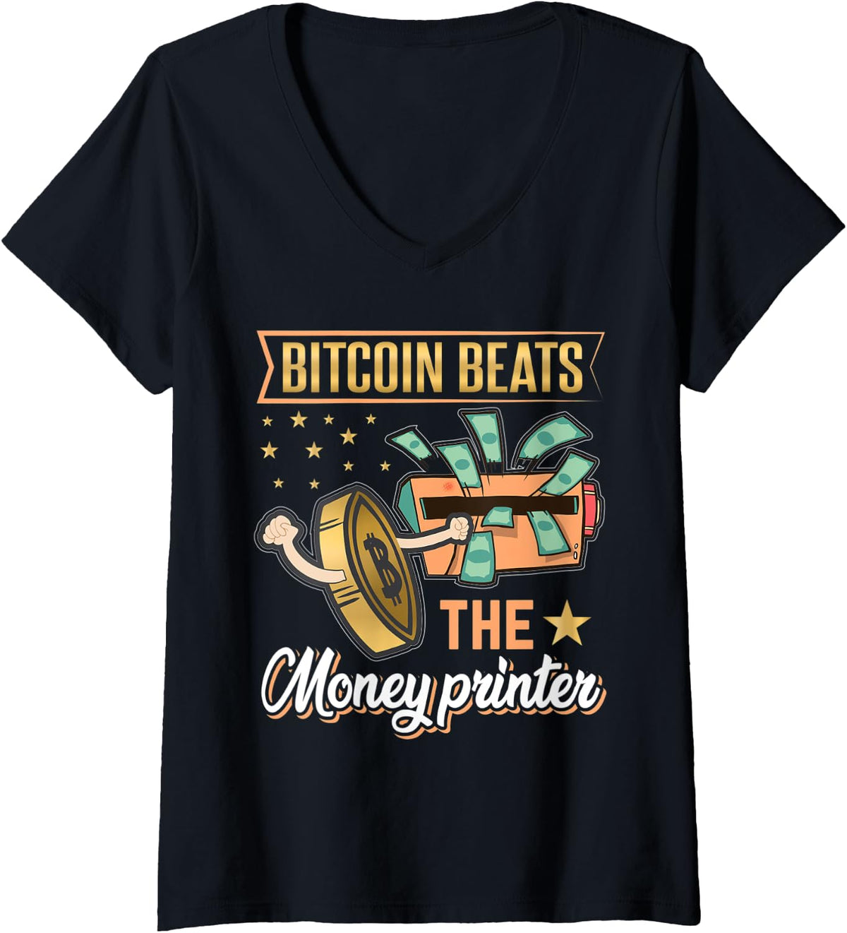 Womens Bitcoin Beats The Money Printer Brrr Funny V Neck Apparel Minimal Style