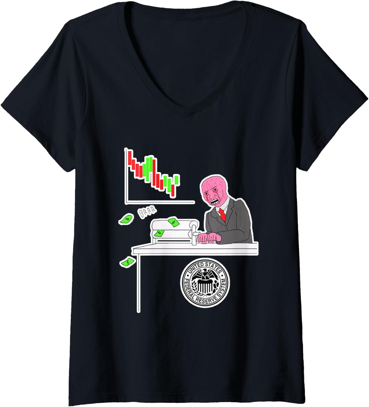 Womens Money Printer Go Brrr Wojak Meme V Neck Apparel Clean Design