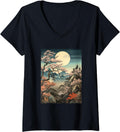 Womens Night Time Cherry Blossom Woodblock Japanese Graphical Tee V Neck T Shirt Gift Ready