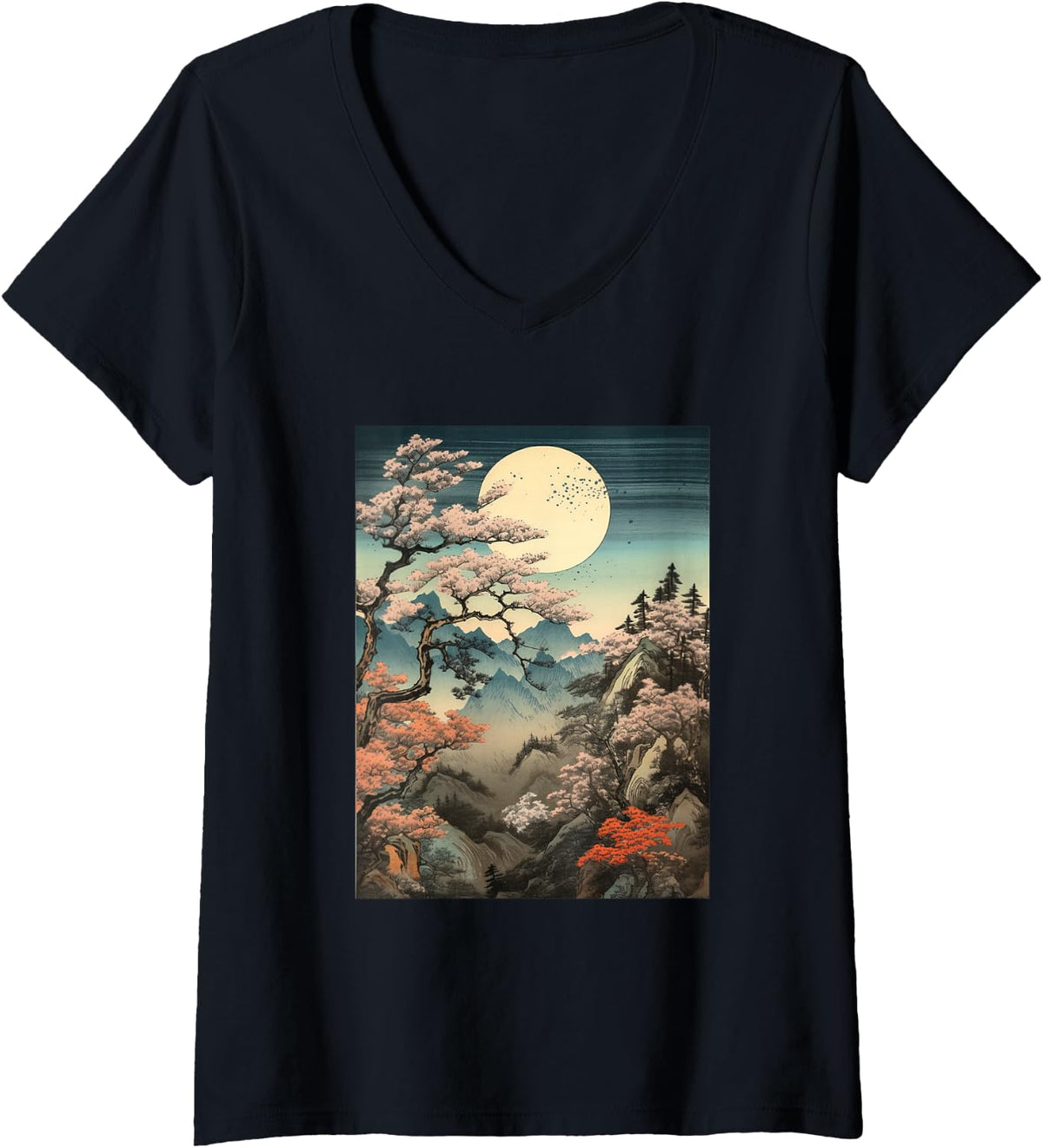 Womens Night Time Cherry Blossom Woodblock Japanese Graphical Tee V Neck T Shirt Gift Ready