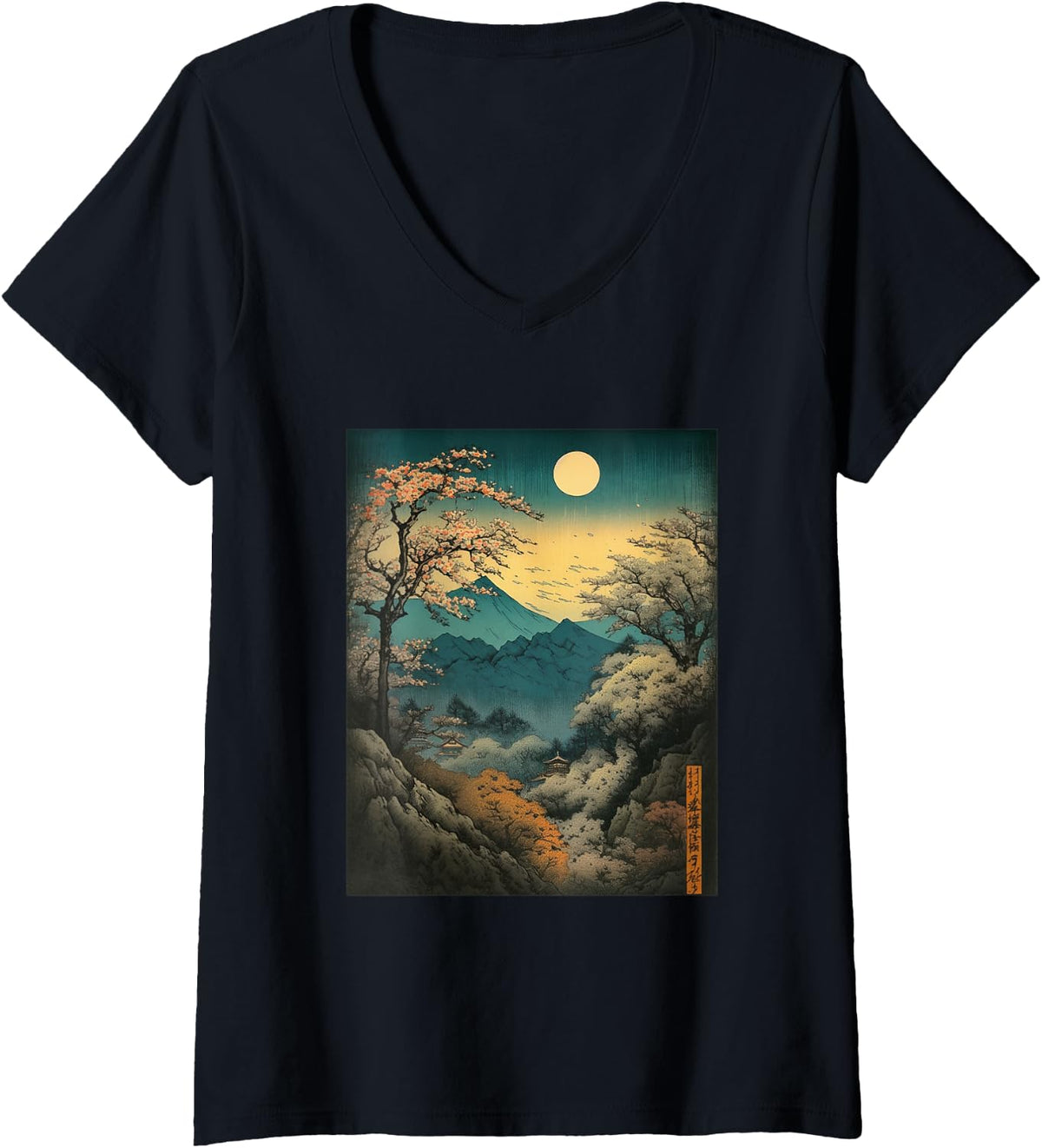 Womens Vintage Cherry Blossom Woodblock Japanese Graphical Hills V Neck Apparel US Trend