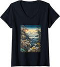 Womens Vintage Cherry Blossom Woodblock Japanese Mountain Scene V Neck Apparel Premium Print