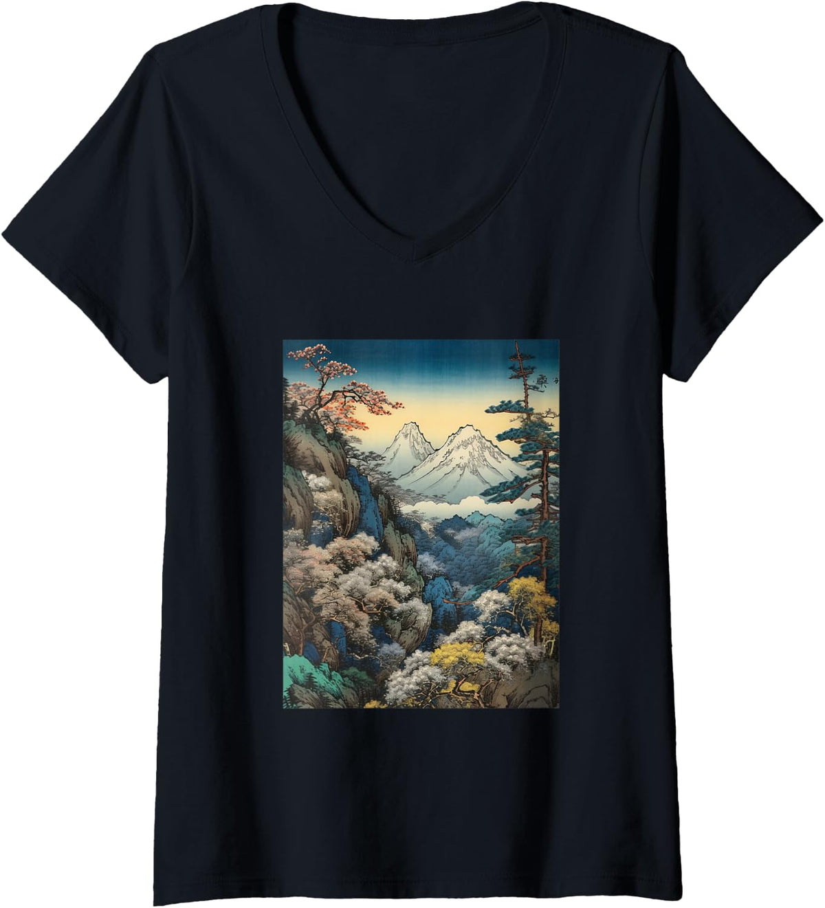Womens Vintage Cherry Blossom Woodblock Japanese Mountain Scene V Neck Apparel Premium Print