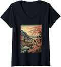 Womens Vintage Cherry Blossom Woodblock Japanese Graphical Wonder V Neck Apparel Everyday Wear