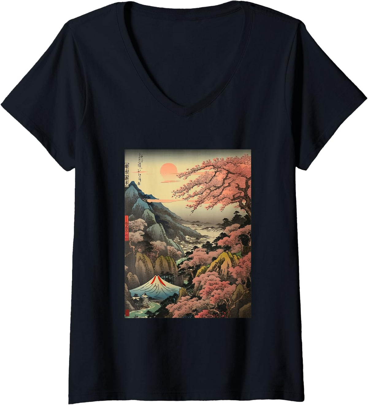 Womens Vintage Cherry Blossom Woodblock Japanese Graphical Wonder V Neck Apparel Everyday Wear