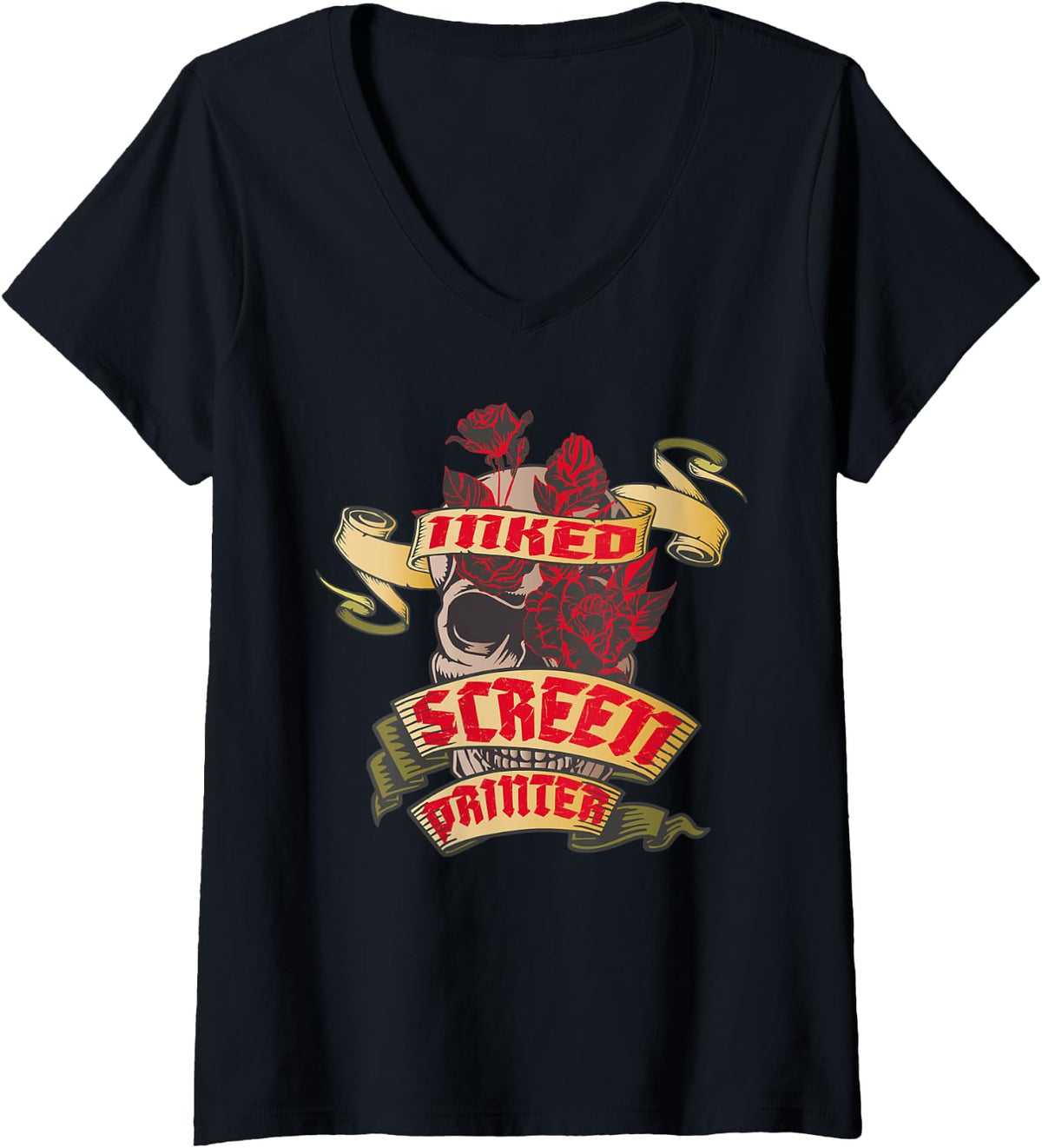 Womens Screen Printer Inked Skull Red Roses Tattoo V Neck Apparel Gift Ready