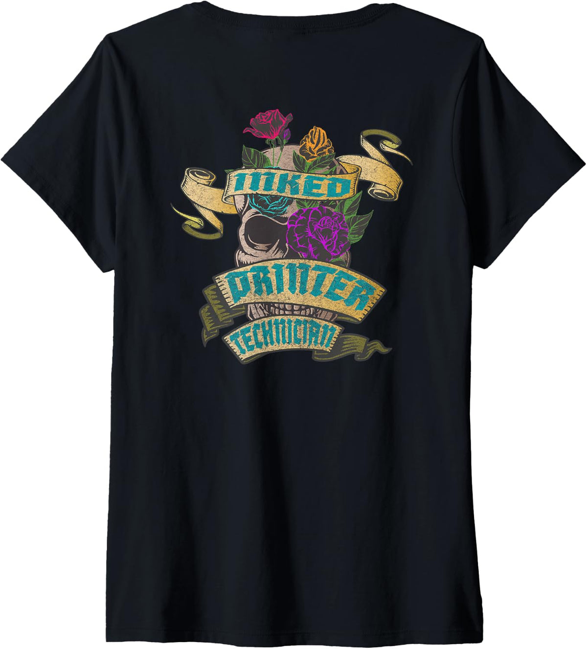 Womens Printer Technician Inked Skull Tattoo Backside Design V Neck Apparel Premium Print