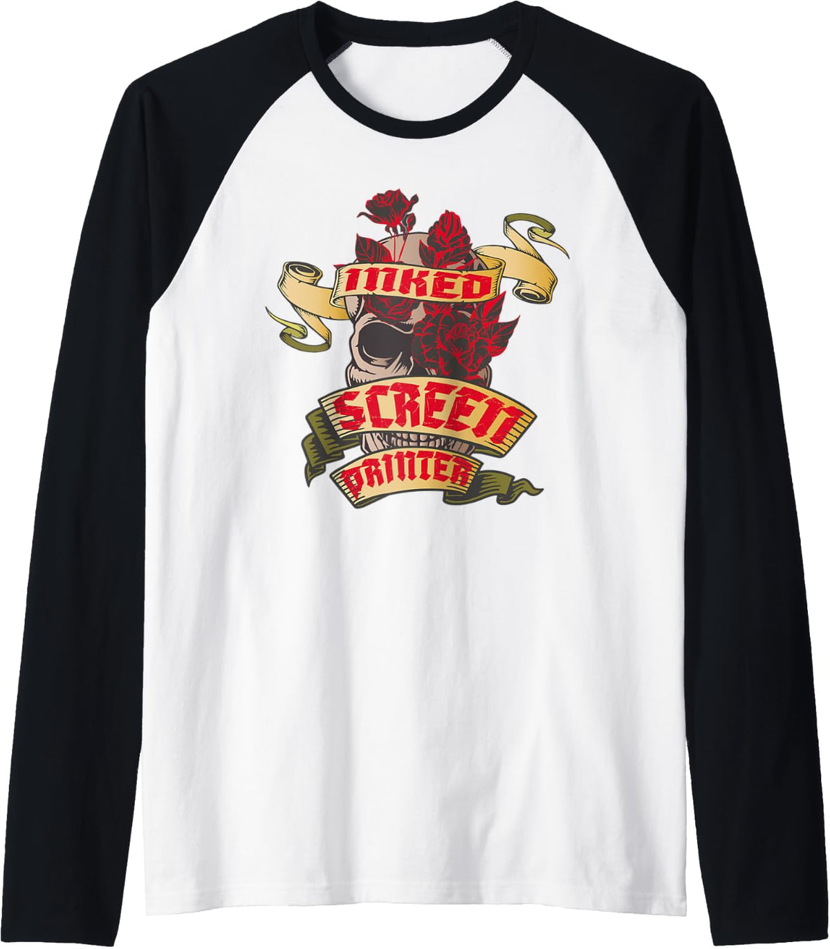 Screen Printer Inked Skull Red Roses Tattoo Raglan Baseball Tee T Shirt Everyday Wear