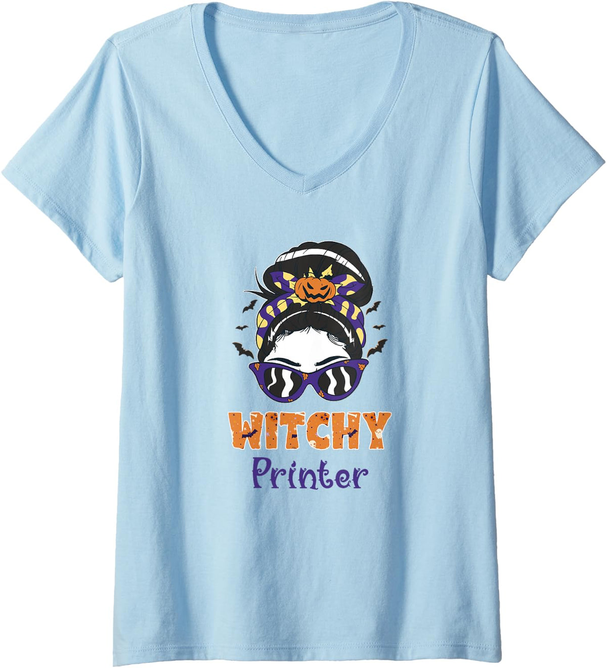 Messy Bun Witchy Printer Halloween V Neck Apparel Minimal Style